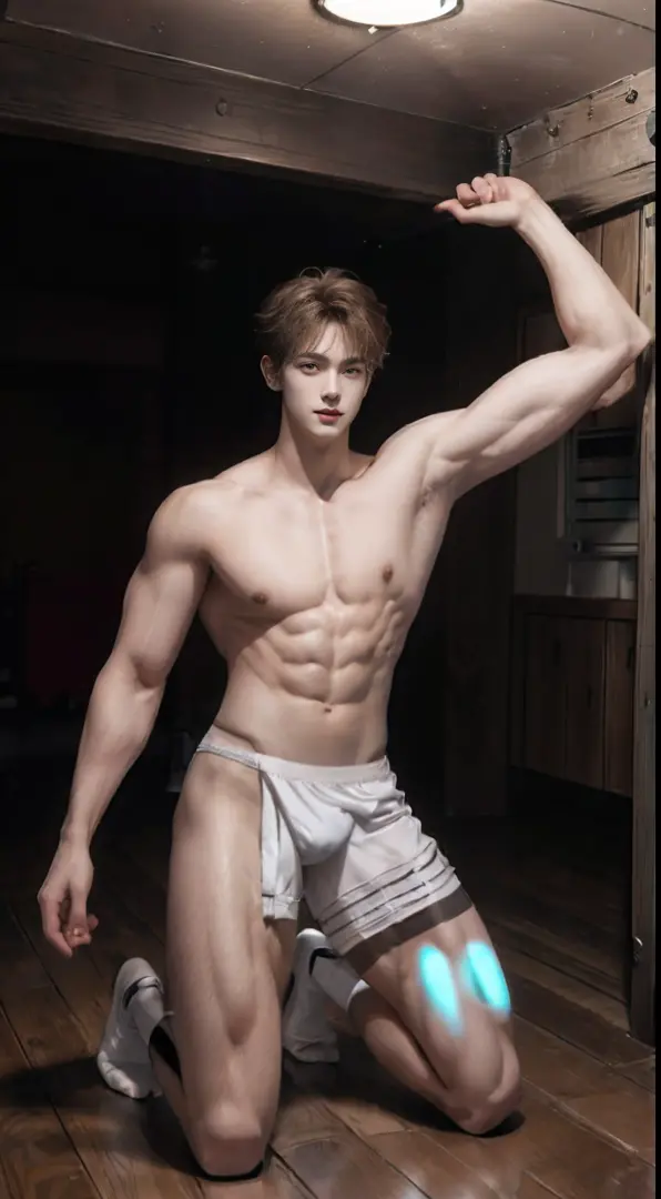 (((Best quality))),(((Ultra detailed))),(((Masterpiece)))，（Cute tall Shota：2），The height of a volleyball player，solo person，（full bodyesbian：3），（Stay away from the lens：3），Expose your legs，Bare topless，Bare lower body，（revealing the whole body：2），（Frontal ...