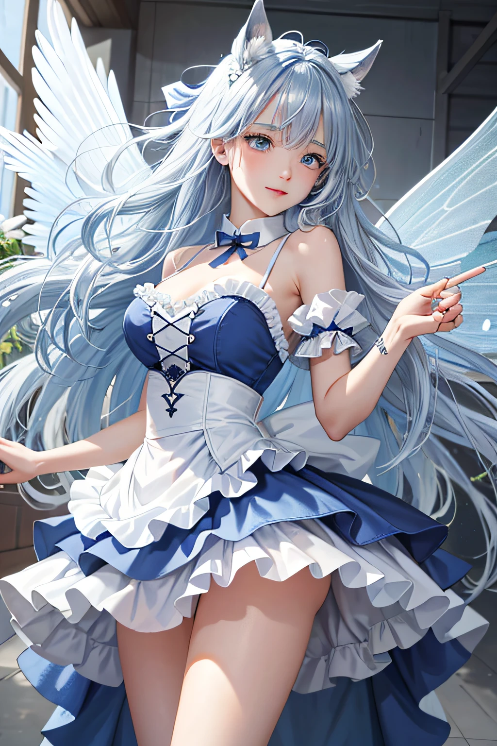 (Face focus)、(1womanl、独奏、Crystal clear white skin、Beautiful fece)、(blue hairs、Gray hair at the ends of the hair、Blue eyes、Elegant smile)、Horse Ears、Morning glory fairy、Blue ruffled skirt and dress、Fairy wings、Morning glory blooms、White underwear、Miniskirt、Big tits、Any posture、Open the crotch、roll eyes、scissor hands、Lots of sex toys