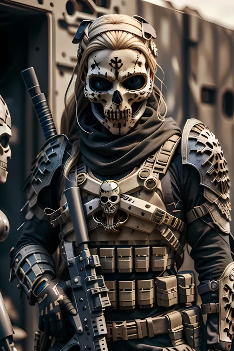 blonde barbie, cute, girly, skull mask, armor, army, holding weapon, thedeathsquad