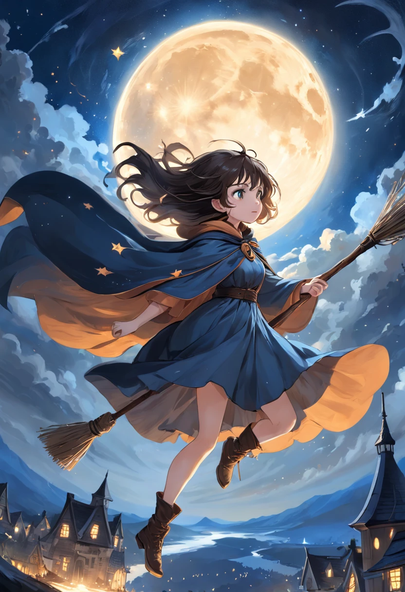 masterpiece, best quality, ultra-detailed, illustration, 1girl, solo, fantasy, flying, broom, night sky, outdoors, magic, spells, moon, stars, clouds, wind, hair, cape, hat, boots, broomstick, glowing, mysterious, enchanting, whimsical, playful, adventurous, , wonder, imagination, determination, skill, speed, movement, energy, realism, naturalistic, figurative, representational, beauty, fantasy culture, mythology, fairy tales, folklore, legends, witches, wizards, magical creatures, fantasy worlds, composition, scale, foreground, middle ground, background, perspective, light, color, texture, detail, beauty, wonder.