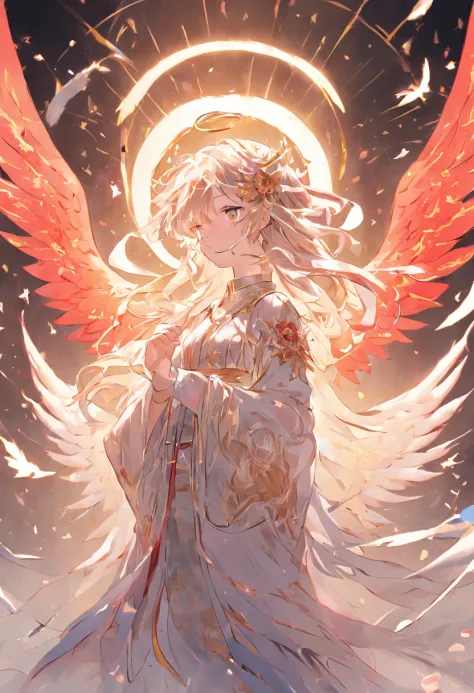 (Chinese illustration paper art gorgeous multicolored long-haired angel halo)+Clear lines on a white background+Quilted paper art design best 4K images+The is very detailed+Masterpiece-quality cinematic lighting effects
