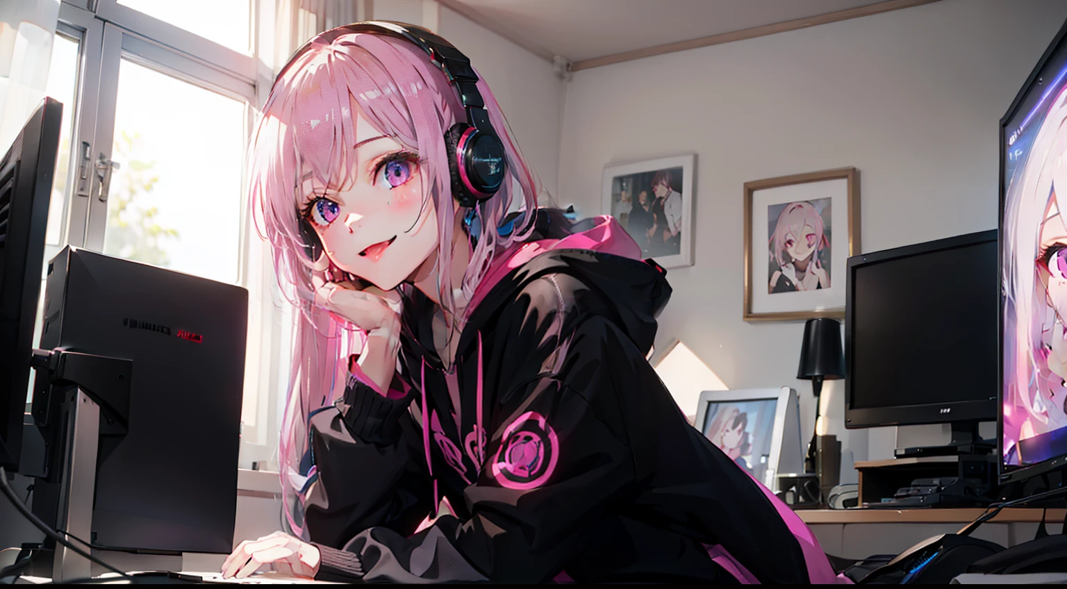 ​masterpiece、top-quality、Movie stills、1girl in、pink shorth hair、Pink eyes、headphones、Black hoodie、with light glowing、Happiness、a smile、Warm and soft lighting、personal computers、room、(Spark:0.7)