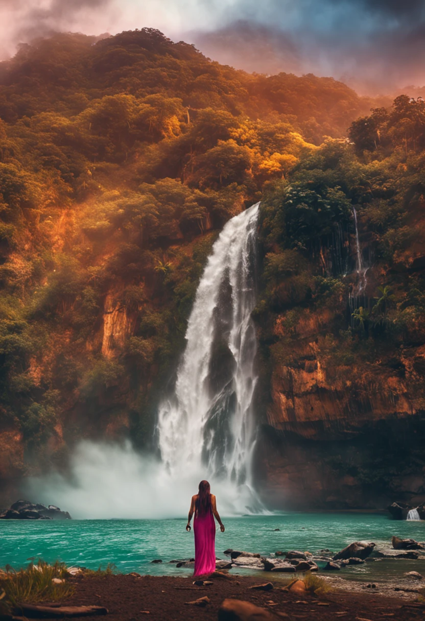 A woman in a pink dress standing in front of a waterfall - SeaArt AI