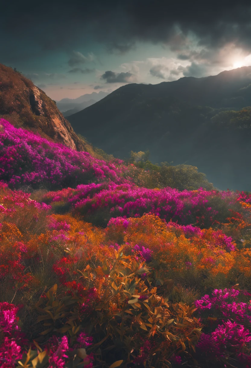 A close up of a field of flowers near a mountain - SeaArt AI