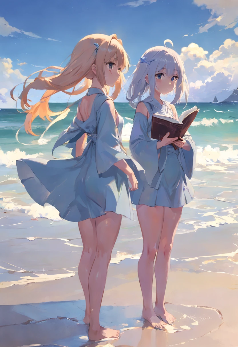 Dos chicas anime paradas en la playa leyendo un libro - SeaArt AI