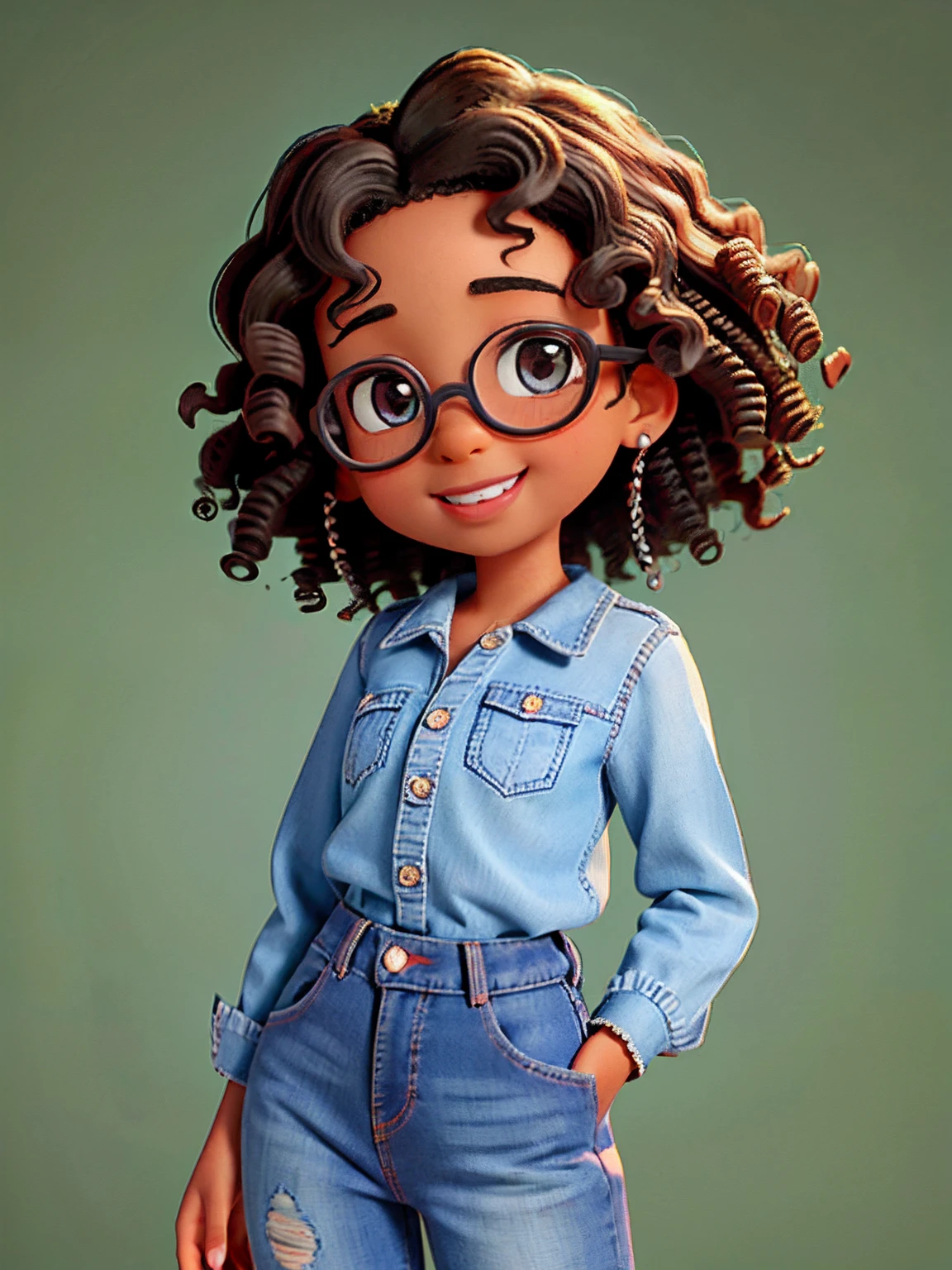 Black little girl, curly hair, blue shirt, jeans onepiece, beeautiful curly hair, beautiful face, wearing delicate glasses, Brown curly hair, honey colored eyes, beautiful, romantic, looking at the camera, Green Screen background, full body, delicate face, smile, intricate detail, 4k, high resolution, Pixar Cartoon style picture