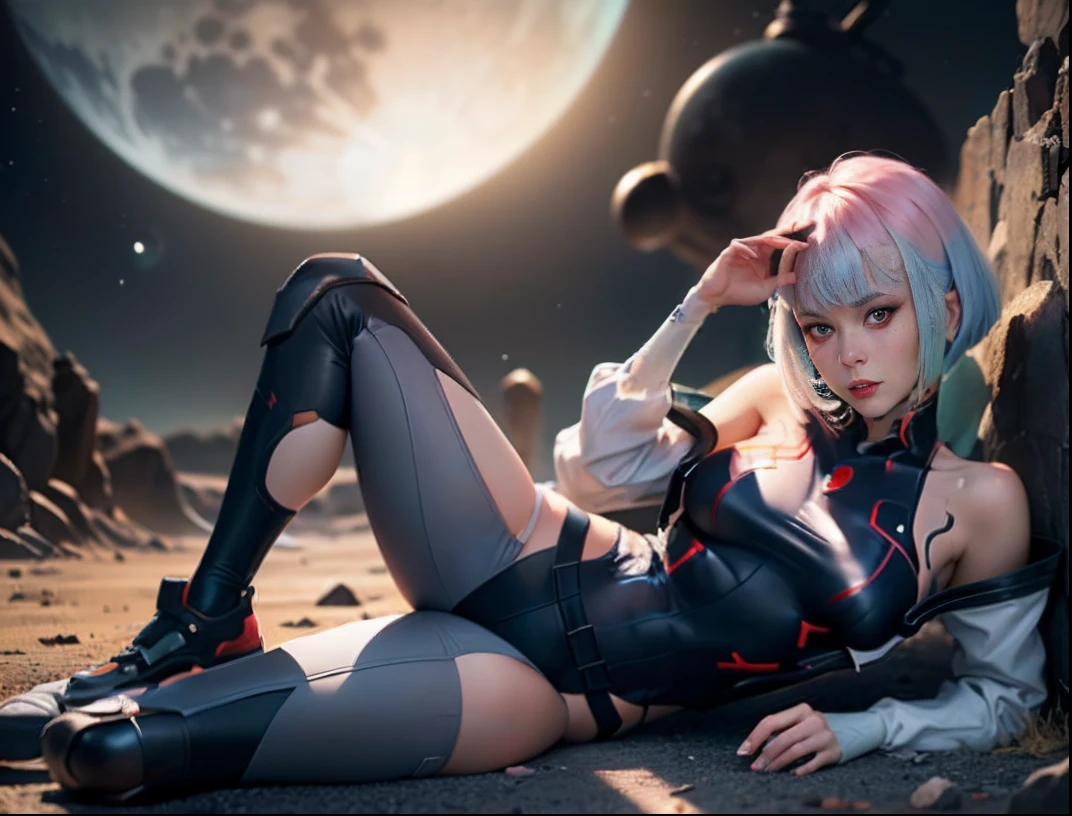 masterpiece, best quality, high resolution, lu1, cyborg, multicolor hair, makeup, bare shoulders, black leotard, high leg leotard, (thong:1.1), white jacket, open jacket, belt, shorts, cowboy shot, planet, moon, earth (planet), lying on the ground, on its side