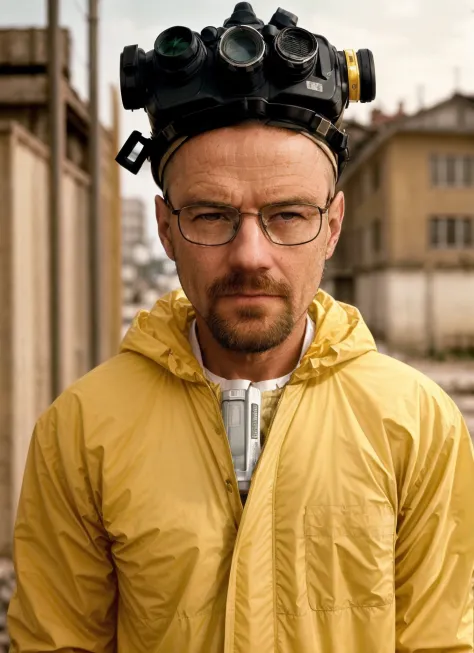 A stunning and complex color photo of the upper body of a man wearing glasses (wearing a yellow lab coat and a gas mask on his head), careca, Epic character composition, por ilya kuvshinov, alessio albi, nina masic, foco nítido, natural  lightting, Subsurf...