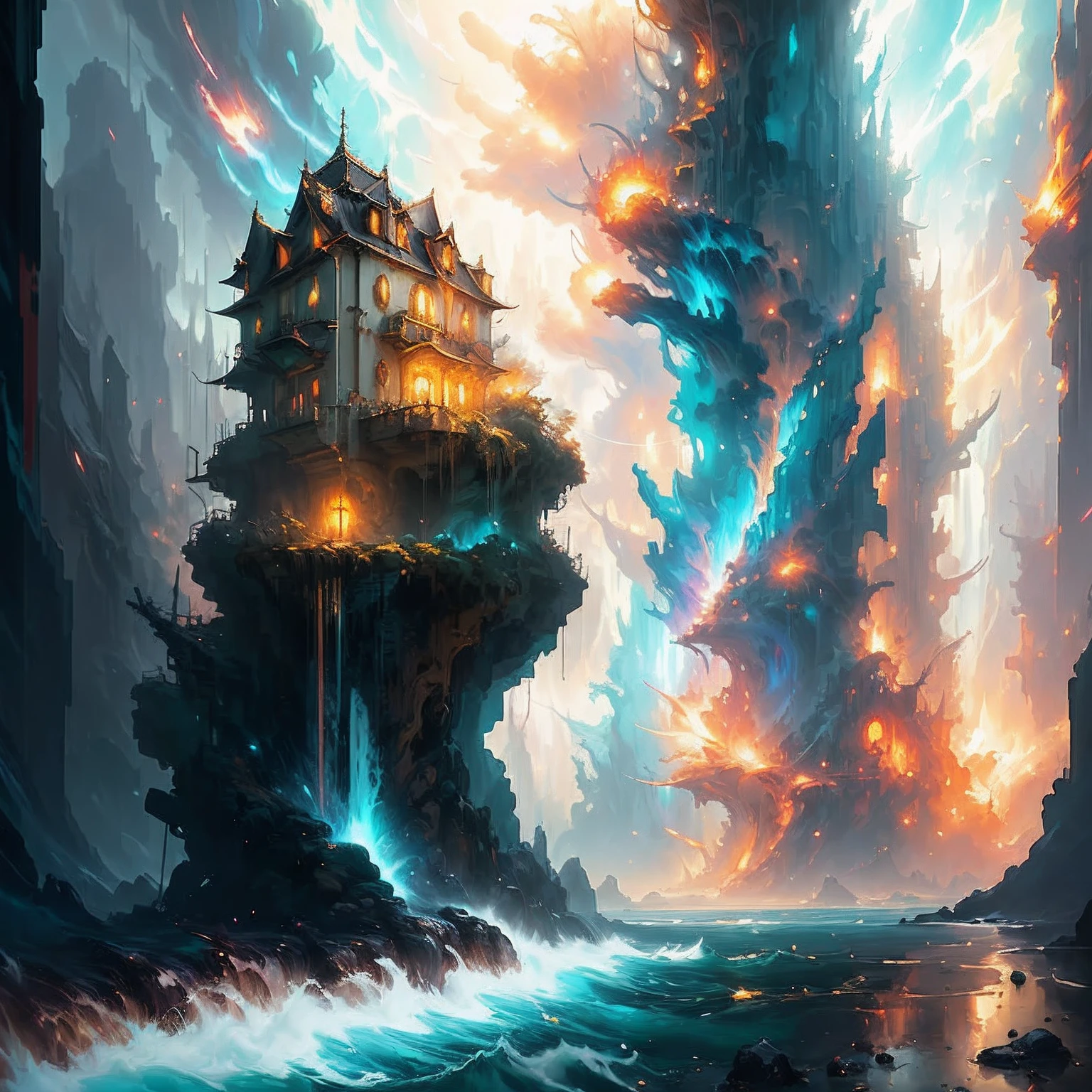 Splash art surreal, by Hikari Shimoda and Gediminas Pranckevicius and Peter Mohrbacher, digital art, dnd, golden hour, trending on artstation, rule of thirds, (waterfall:0.8),