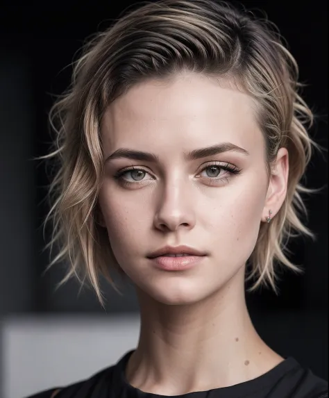 a 20 yo woman, blonde, (hi-top fade:1.3), dark theme, soothing tones,perfect face detailed, sexy lips, muted colors, high contrast, (natural skin texture, hyperrealism, soft light, sharp), HDR