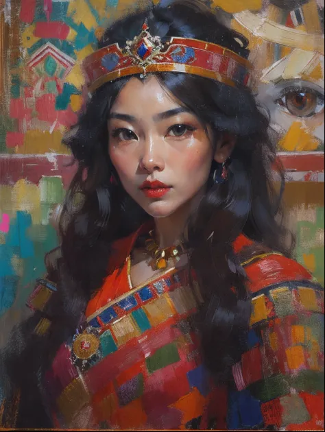 Tibetan girl，Potala Palace background，cabelos preto e longos，Sexy and seductive red lips，Colorful Tibetan costumes，Collage felt and cloth，closeup cleavage，Close-up strengthened，Half-length portrait，Oil paints，acrycle painting，tmasterpiece，Renaissance style...