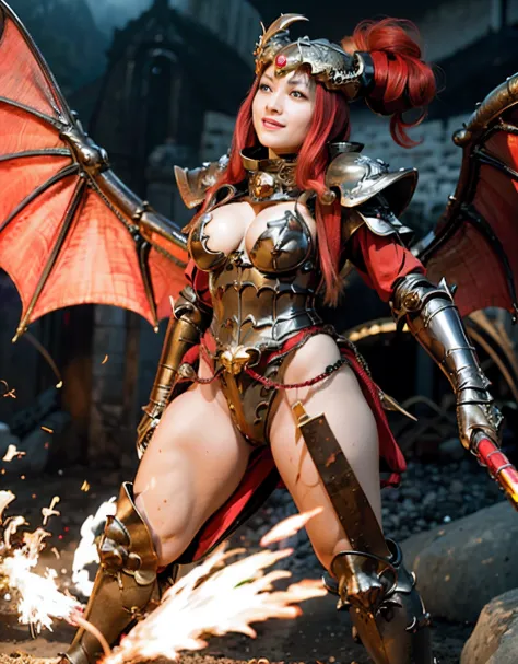 Professional , ​masterpiece、top-quality、photos realistic , depth of fields 、（Dragon Red Metal Body:1.９),(Enamel Red、（cleavage of the breast）、Dragon Gold Weapon、（Red Micro Bikini Armor:1.４),Gorgeous gold weapons ,（（ Dragon's dense and gorgeous sword）） , （de...