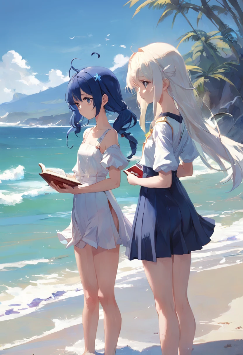 Dos chicas anime paradas en una playa con un libro - SeaArt AI