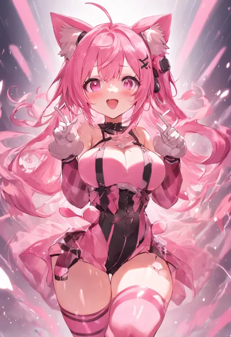 1girl, breasts, solo, headphones, large breasts, pink hair, thigh highs, long hair, looking at the viewer, transparent background, blush, smile, open mouth, bear ears, navel, animal hands, cleavage, animal ears, pink eyes, striped, midriff, skirt, paw glov...