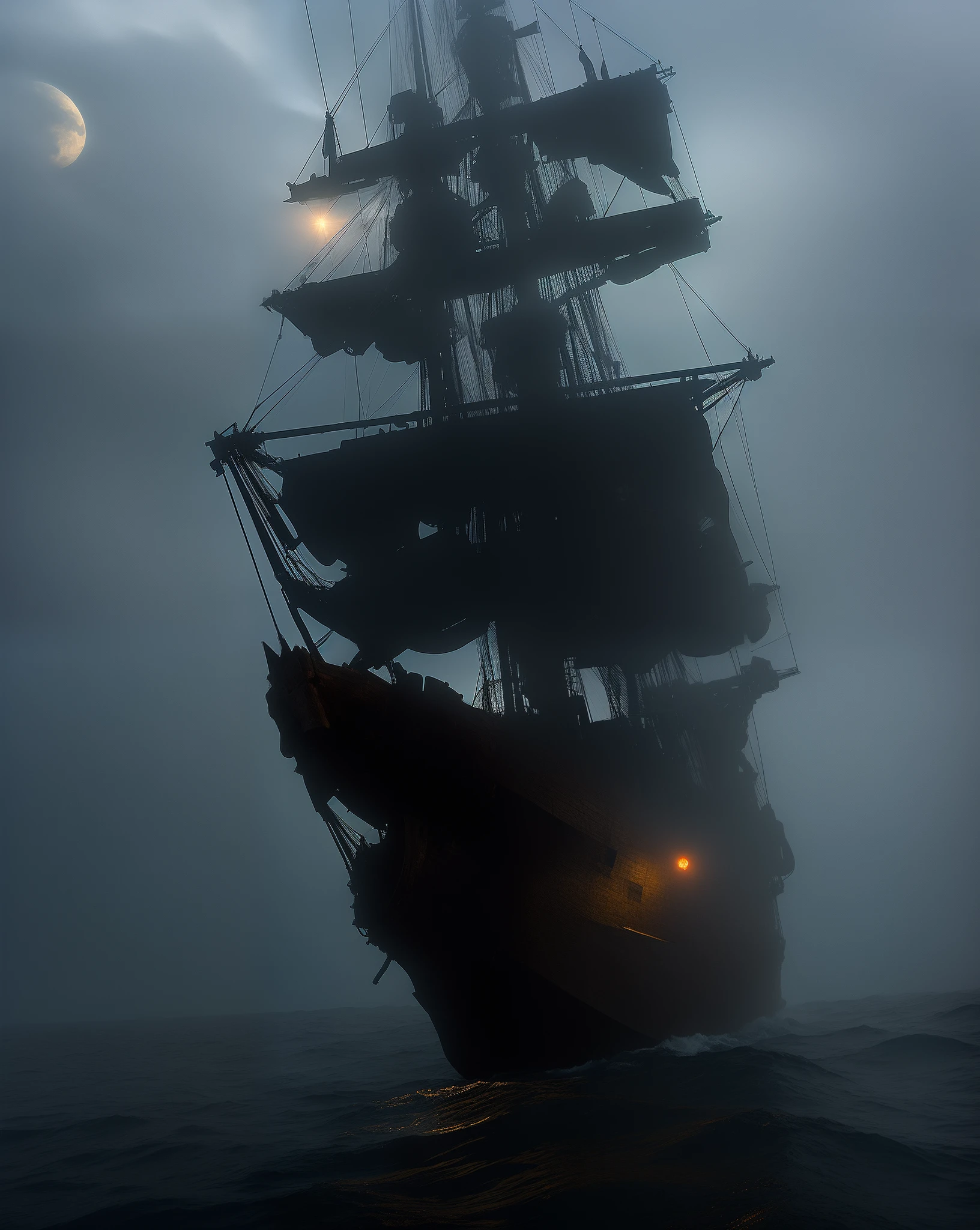 A close up of a tall ship in the ocean with a moon in the background -  SeaArt AI