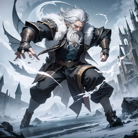 old male mage, grey hair, trimmed beard, ice magic, fight against dragon, hogwarts background, daylight --auto --s2