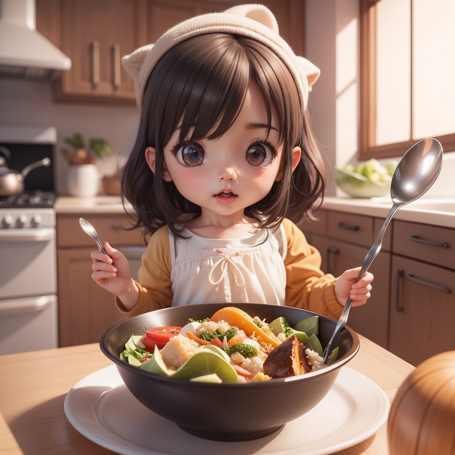 귀여운 아기 꼬마 애니메이션、(((꼬마 3D))) (최고의 품질), (테이블 탑)、スプーン🥄を持って、お皿に乗ったカレーライス🍛を食べる、물 한잔、야채 샐러드 그릇、치비 키친、검은 머리、군침이 도는