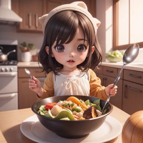Cute Baby Chibi Anime、(((chibi 3d))) (Best Quality), (masutepiece)、スプーン🥄を持って、お皿に乗ったカレーライス🍛を食べる、a glass of water、Bowl of vegetabl...