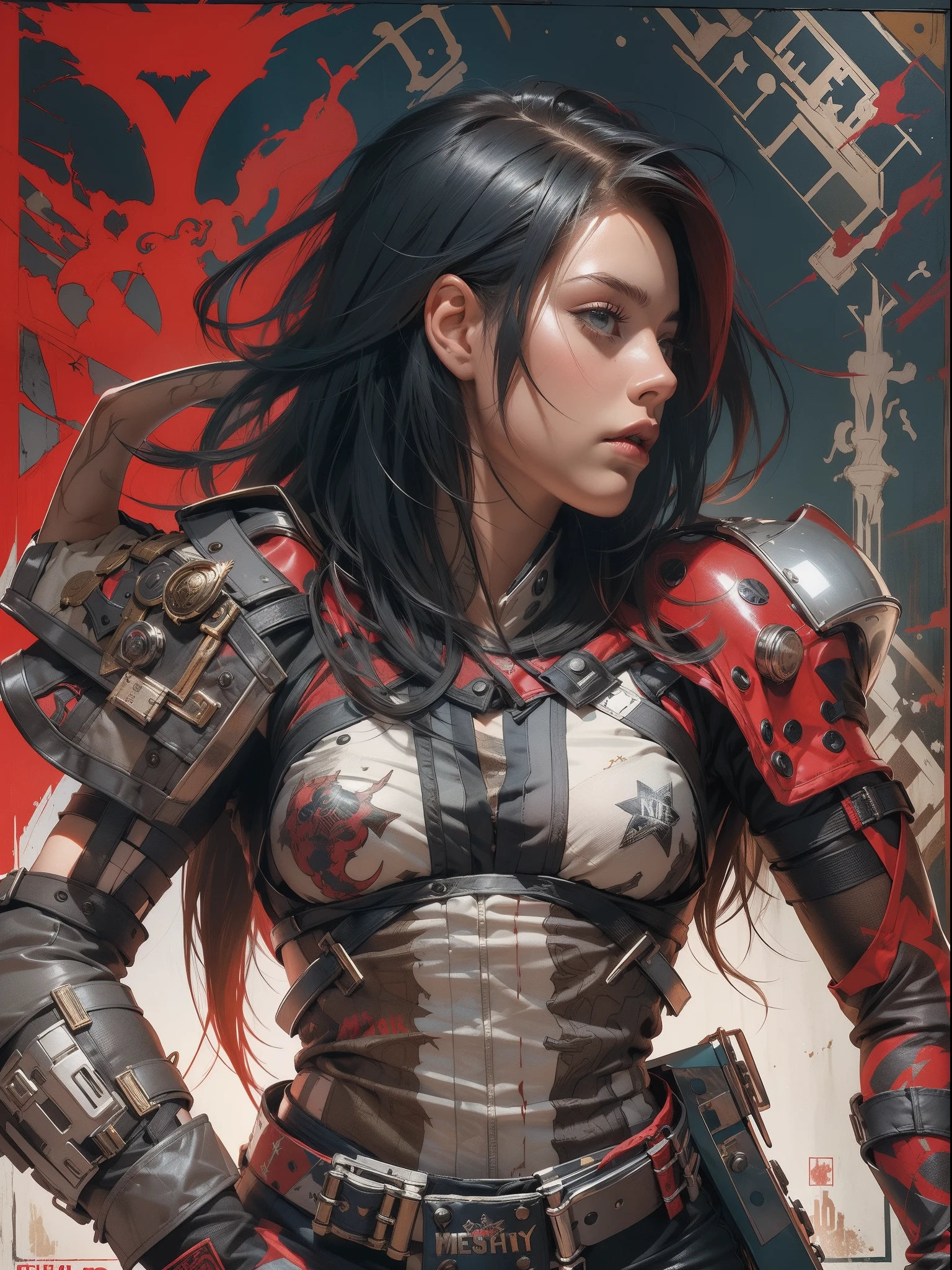 (((여성))), (((더 나은 품질))), (((원시 작업))), (((성인))), (((여자 1명))), ((( 밥 이발 ))), Uma gladiadora cyberpunk 여성 de 25 anos com corpo perfeito, 금속 등뼈가 있는 어깨 패드, 브루클린 글래디에이터즈, (( 밥 이발 )), 작은 가죽 팬티, 찢어진 럭비 타임 티셔츠, 헤비메탈 매거진의 표지를 장식한 사이먼 비슬리(Simon Bisley)의 거친 도시 스타일로 거의 알몸으로 등장, 짧은 금발 머리, 최소 의류, 복잡한 그래픽을 갖춘 왼팔의 금속 보호 장치, 흰색 별이 있는 진한 빨간색과 흰색 및 남색 체커보드 패턴, 갑옷, 스파이크와 리벳이 가득한, (((무릎부터))), 짧은 흰색 금발 머리, 배경에는 셰퍼드 페어리가 복잡한 디자인으로 그린 벽이 있습니다.