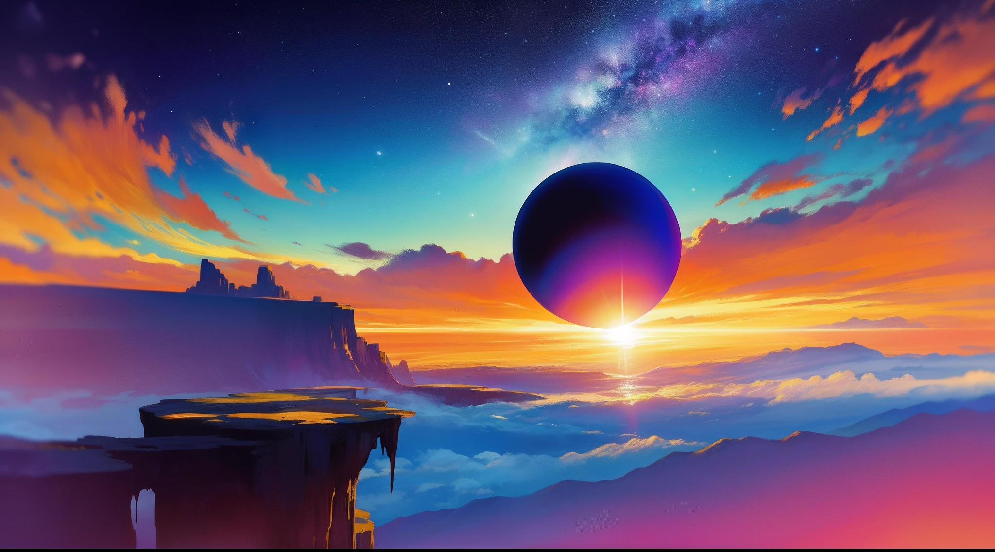 A colorful view on the galaxy with the sun, in the style of surrealistic juxtapositions, intricate landscapes, gravity-defying landscapes