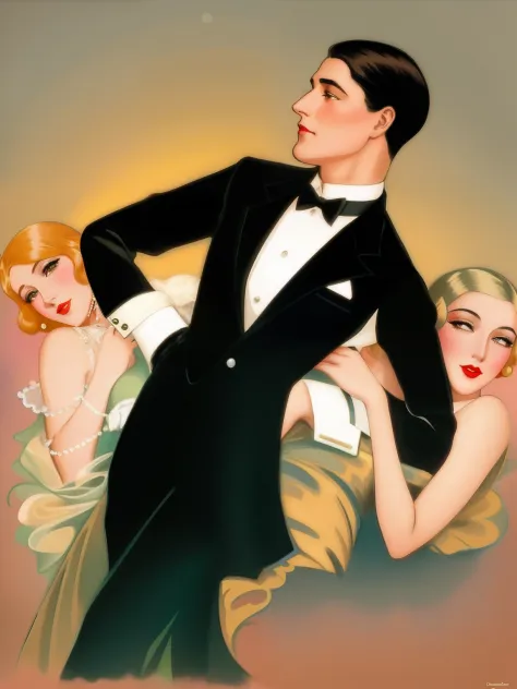 There's a man in a tuxedo and a woman in a dress, Enoque Bolles, Otto Schmidt, art deco illustration, Estilo Leyendecker, Art De...