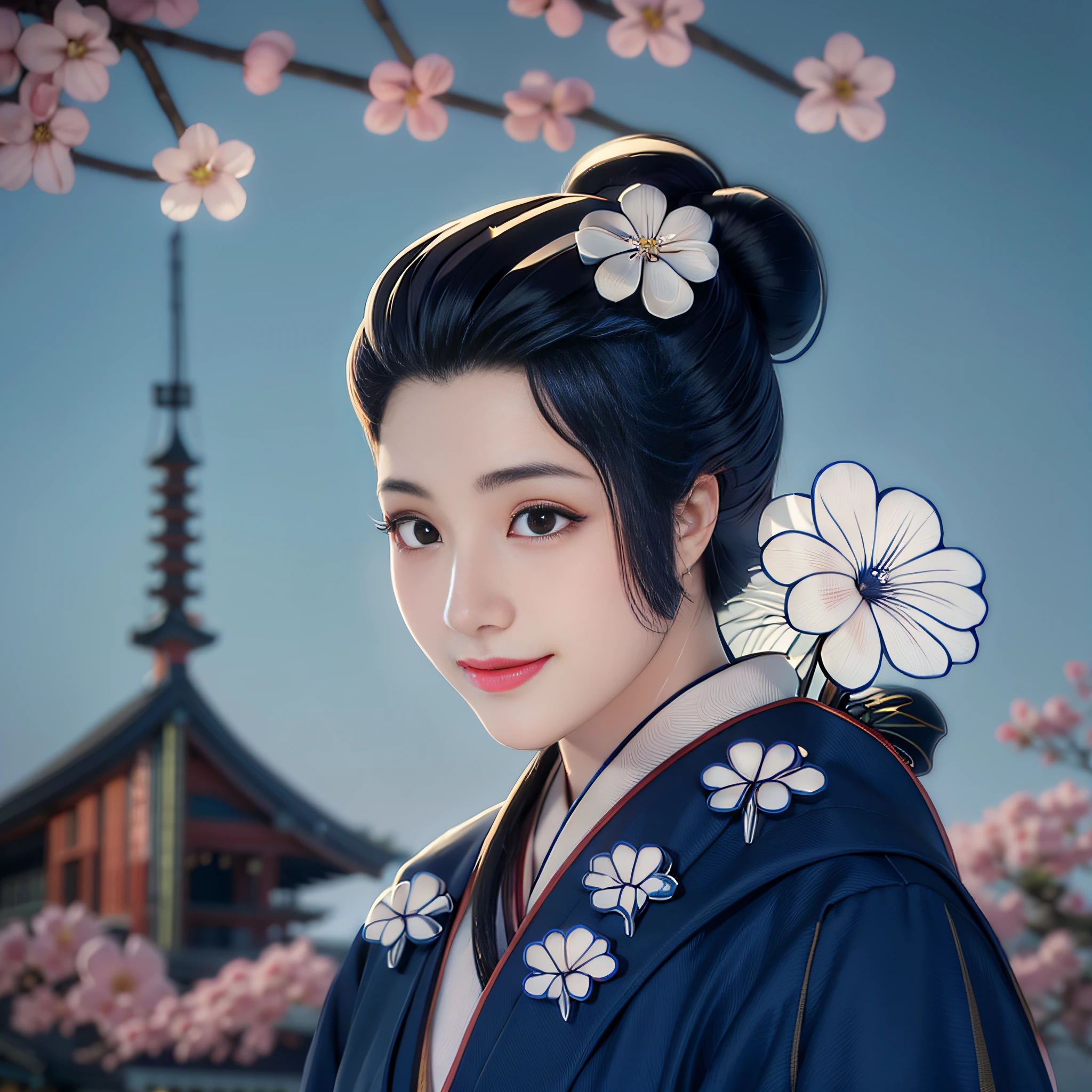 Menina anime com uma flor em seu cabelo e um quimono azul, inspired by Uemura Shōen, inspired by Itō Shinsui, japanese art style, inspirado em Nishikawa Sukenobu, No estilo de arte de Ukiyo - E, mulher japonesa elegante, japanese cartoon style, shinsui ito, japanese illustrator, Mulher japonesa.