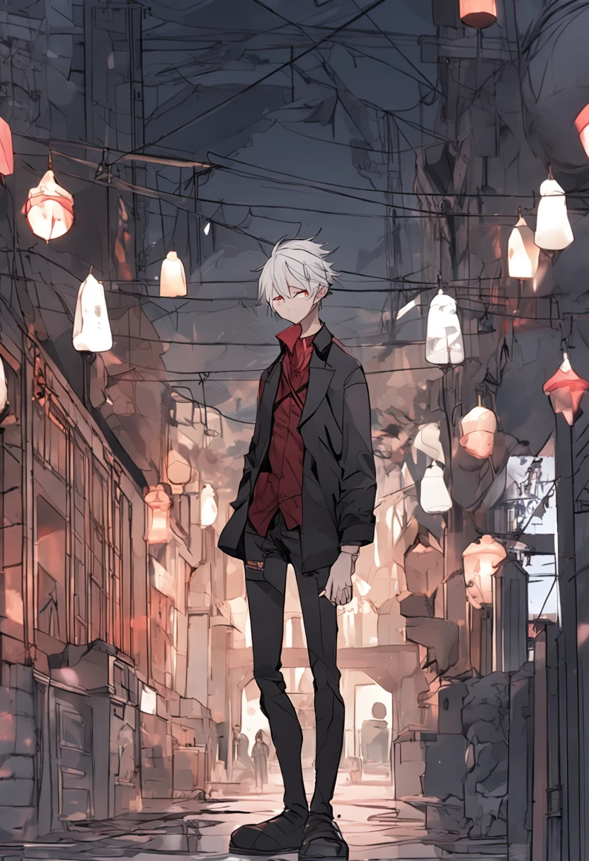 Anime character standing in a dark alley with lanterns hanging overhead -  SeaArt AI