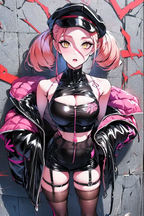 1 girl, solo, wallpaper, ultra detailed modern gothic clothes, crop top, twintails, knee-high socks, short hair, forehead exposed, pink hair, yellow eyes, ultra detailed wall in background, neon graffiti on wall, wearing a beret, large breasts, cleavage, V...