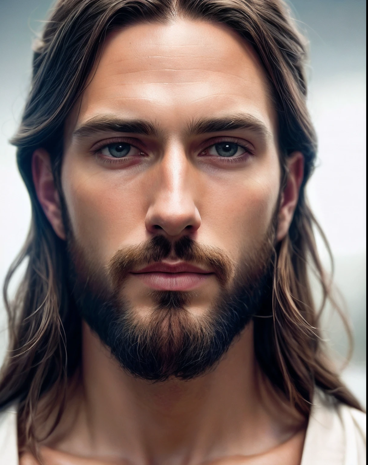 (symmetry),centered,a ((close)) up portrait,(Jesus),a very thin white man with long hair and a beard,wearing a long white robe,35mm,natural skin,clothes detail, 8k texture, 8k, insane details, intricate details, hyperdetailedhighly detailed,realistic,soft cinematic light,HDR,sharp focus, ((((cinematic look)))),intricate, elegant, highly detailed