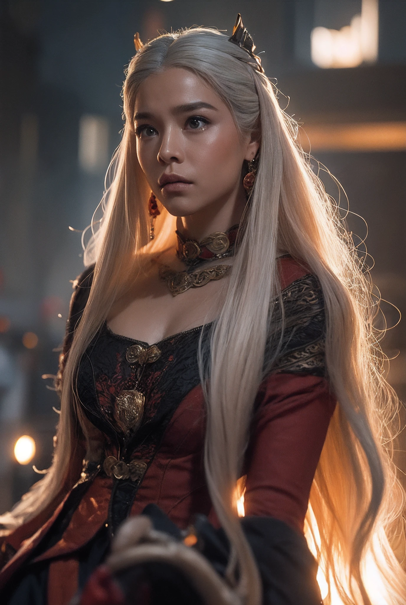 Fotografía cinematográfica de una reina Targaryen a la luz de la luna, cabello plateado, rostro de Haenyra Targaryen. Un dragón de fondo. Relista, muy detallado, cara detallada, intrincado, colores vibrantes, Sombras realistas, Textura de la piel altamente realista, muy detallado.