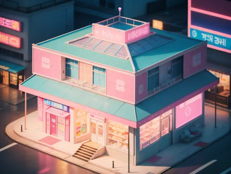 Isometric house，（45-degree perspective from top to bottom)，korean Mall,Advertising signage,pink blue neonlight,a pink bunny at An amusement park, pink and blue light background，Clear structure，The right light and shadow,3Drenderingof） (A high resolution:1....