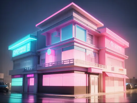 Isometric house，（45-degree perspective from top to bottom)，korean Mall,Advertising signage,pink blue neonlight,a pink bunny, pink and blue light background，Clear structure，The right light and shadow,3Drendering high quality image） (A high resolution:1.2)