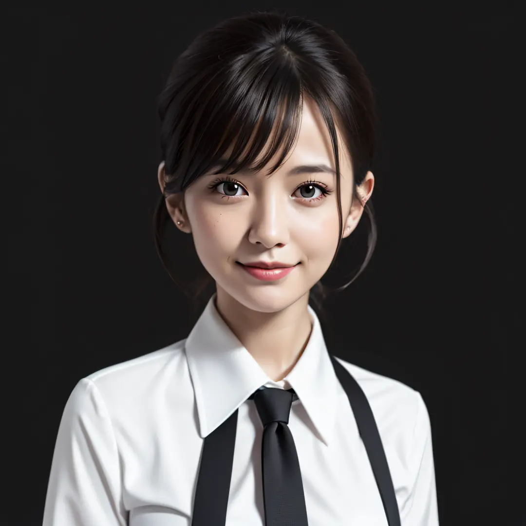 (icon design:1.4),1 woman, archaic smile, half updo, business jacket, white blouse, ribon tie, receptionist, small breasts, clos...