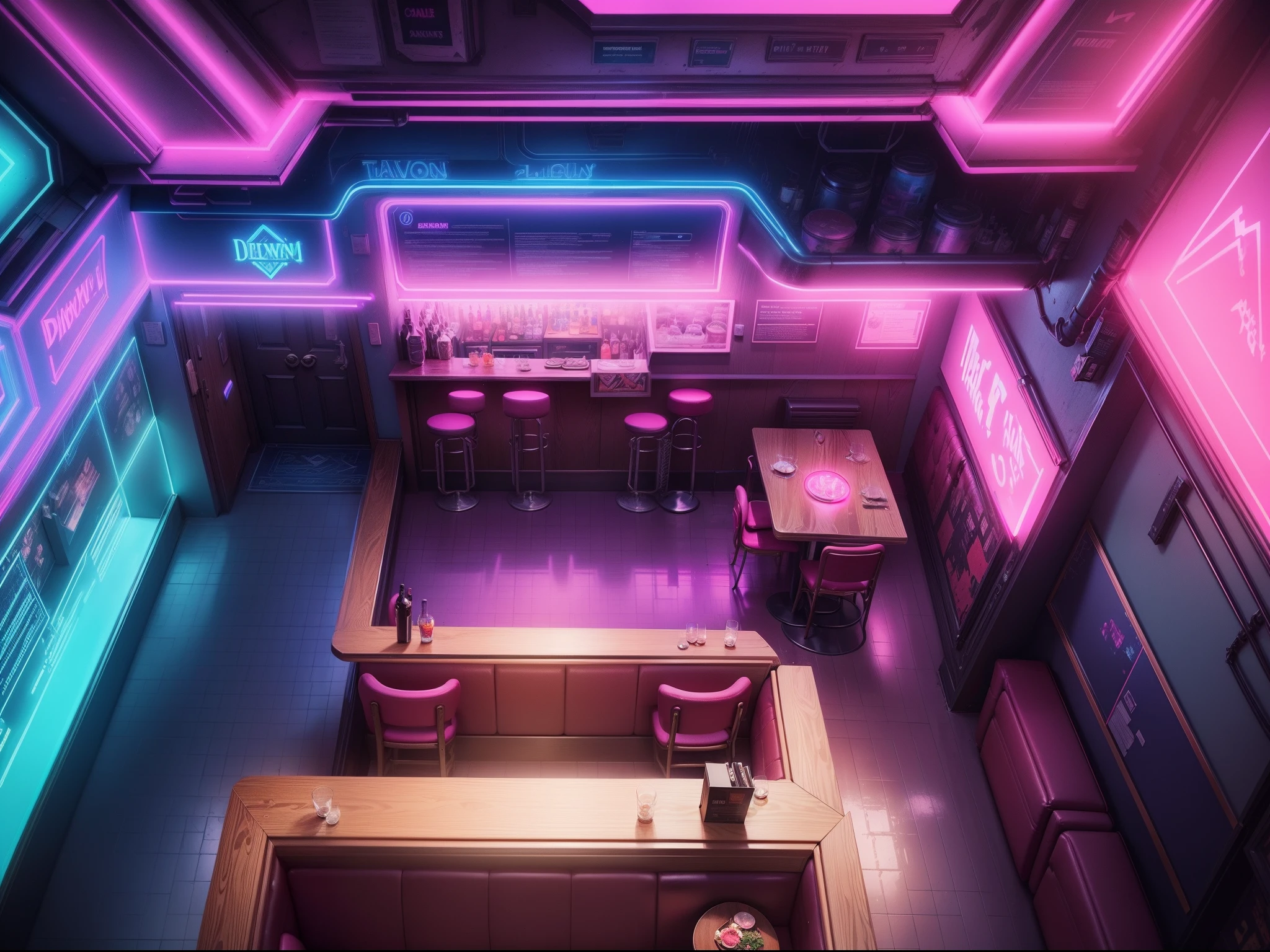 From above，looking from above，Positive perspective，Cyberpunk pink and blue neon light background, diner background, Bar background, tavern background, bunny game background, fantasy tavern background, lounge background, Showcase, personal room background, 1128x191 resolution, upscale restaurant,