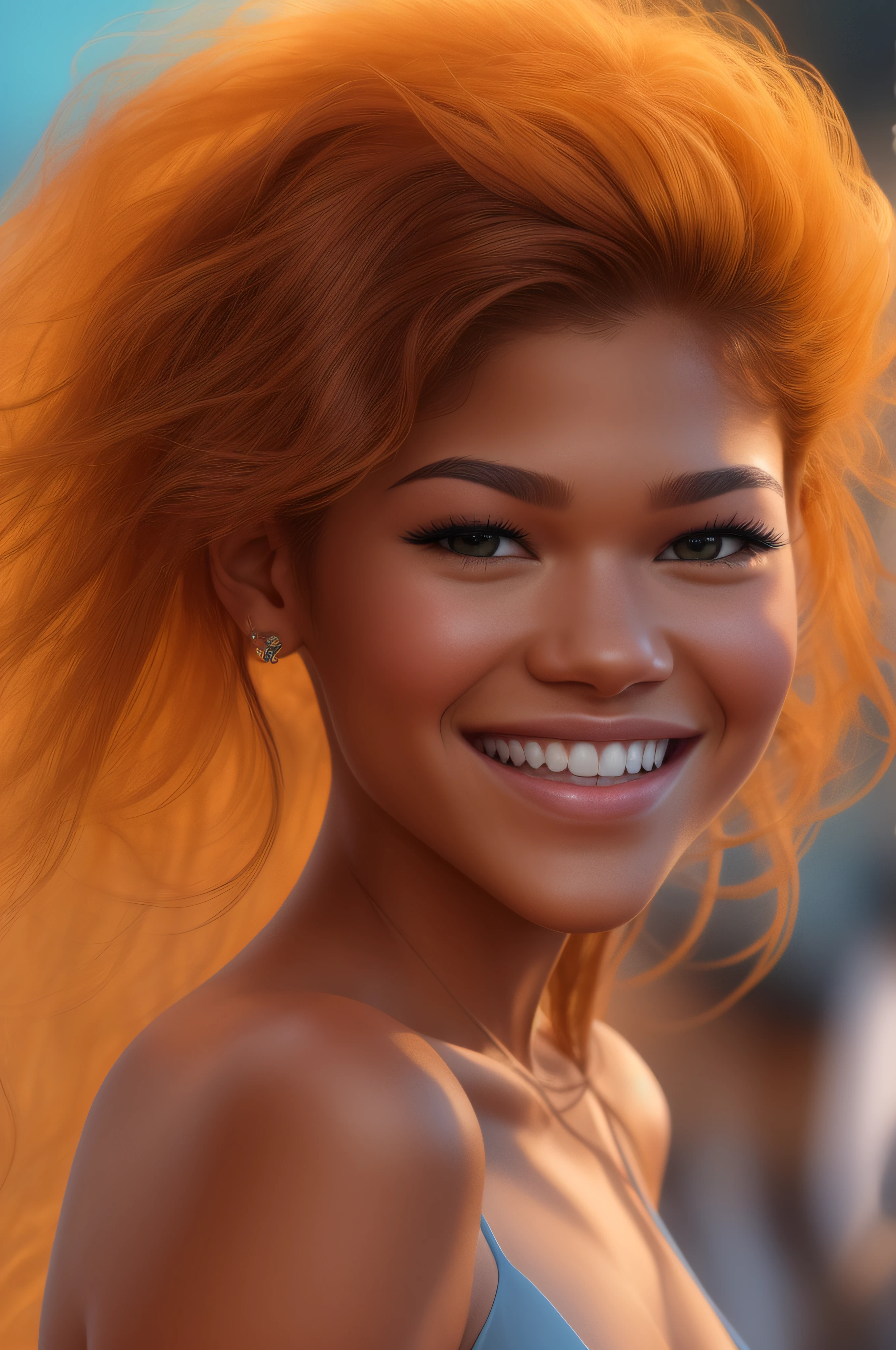 A close up of a woman with orange hair smiling at the camera - SeaArt AI