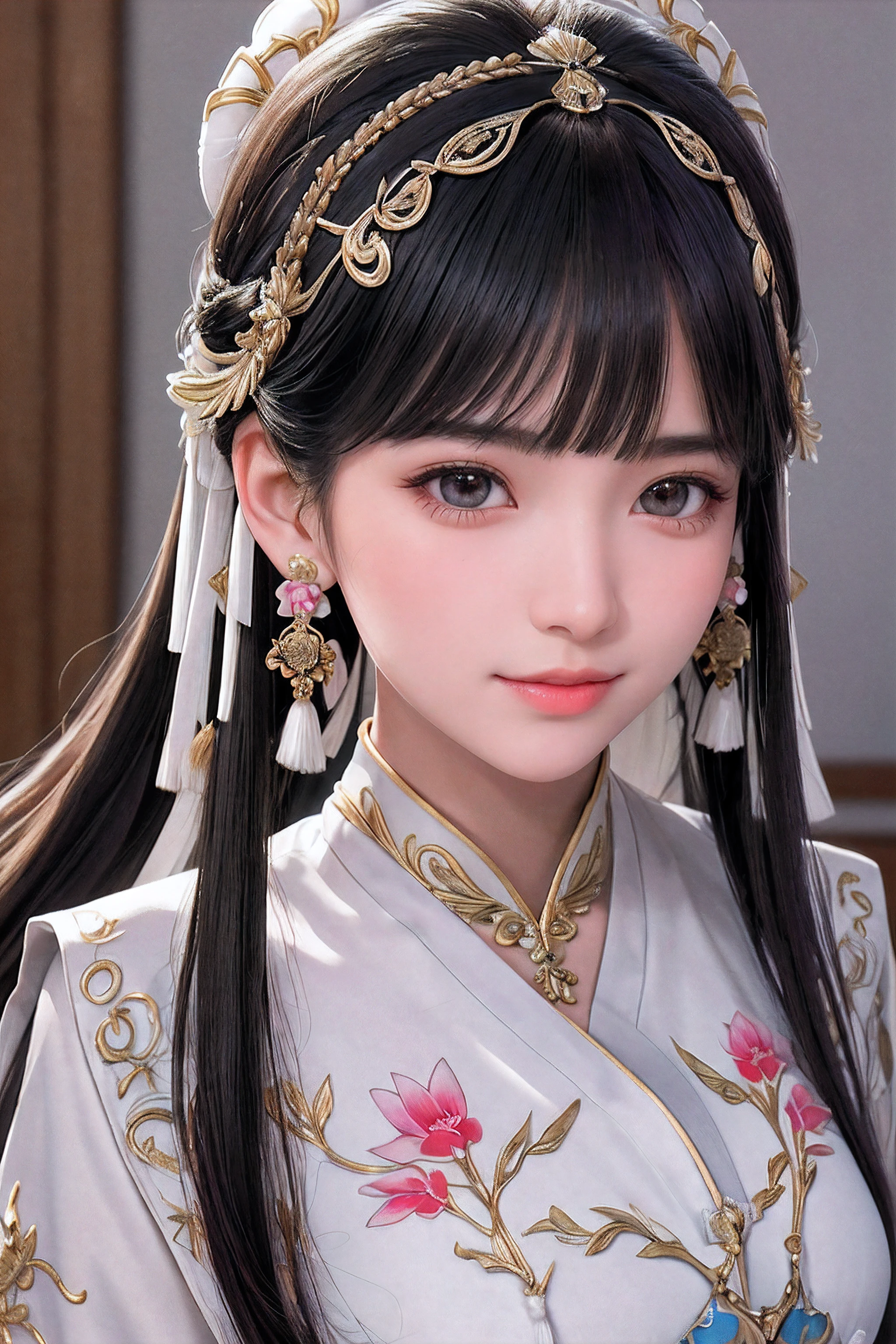 close up on face， Ultra-fine face，femele， China-style， Ancient wind，Hanfu， Sit Pose， long whitr hair， Delicate clothing patterns， ellegance， opulent， ellegance， ssmile，Skysky， Ribbons，Sense of brokenness， ruri， Buble， Double up braid， Hairline， slanted bangs， shairband， hair adornments，glitters， cinmatic lighting，  hyper HD， A high resolution， best qualtiy， 8K， high detal， high qulity， super detailing， anatomy correct， tmasterpiece， ccurate，plump，landscape painting，screen