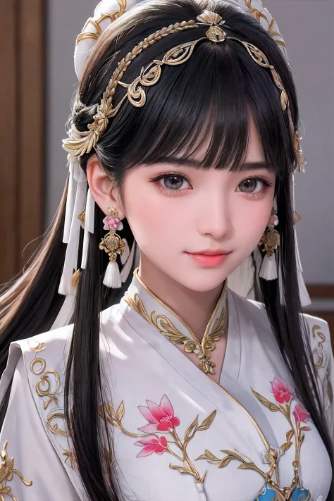 close up on face， Ultra-fine face，femele， China-style， Ancient wind，Hanfu， Sit Pose， long whitr hair， Delicate clothing patterns， ellegance， opulent， ellegance， ssmile，Skysky， Ribbons，Sense of brokenness， ruri， Buble， Double up braid， Hairline， slanted ban...
