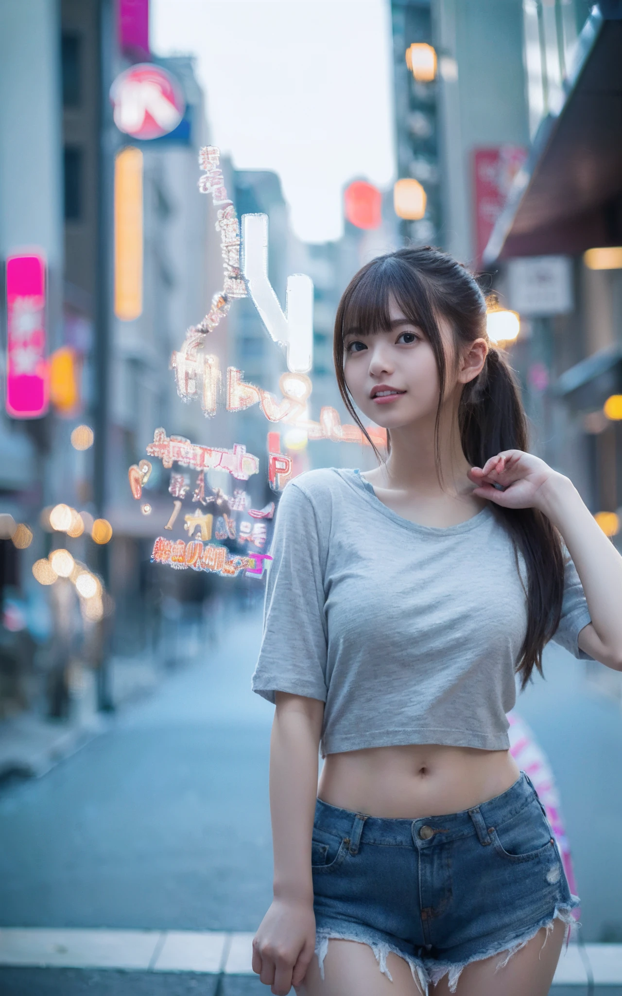 NSFW、女の子1人、on tokyo street、A city scape、Downtown at night、neons、The signboard is dazzling、The upper part of the body、a closeup、a smile、、(8K、Raw photography、top-quality、​masterpiece:1.2)、(realisitic、photoRealstic:1.37)、Highly detailed eyelash drawing、(((Top image quality))),Colossal 、slendene skin, (Beautiful hair), (Perfect Anatomy), (Realistic),Sensual look、top-quality、hight resolution、(((full bodyesbian)))、Denim tight shorts、Short T-shirt with a visible stomach、(high-heels)