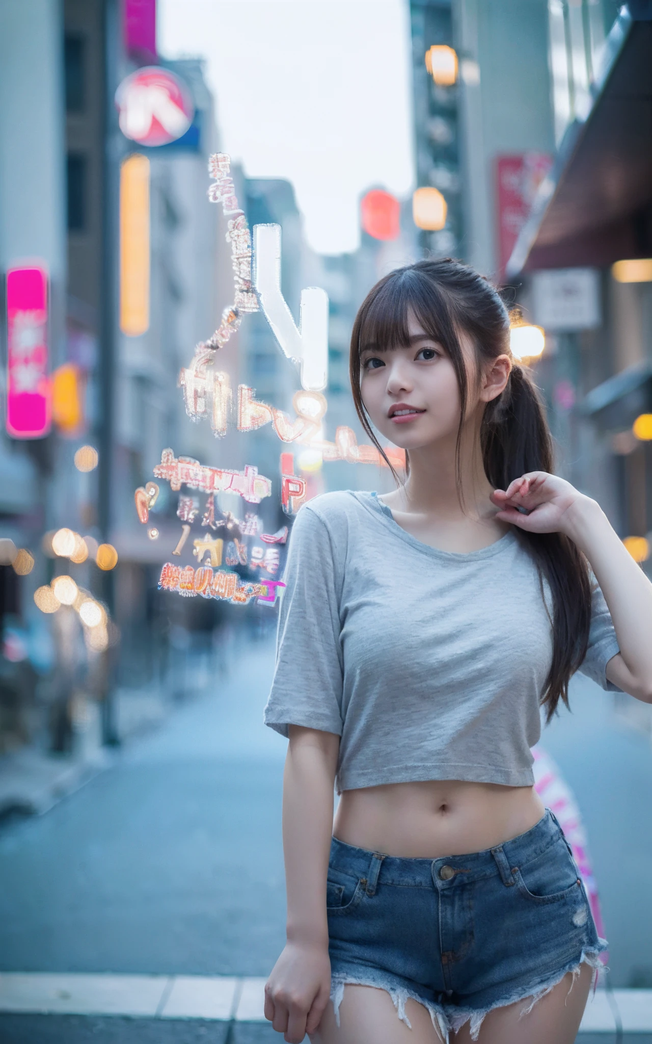 NSFW、女の子1人、on tokyo street、A city scape、Downtown at night、neons、The signboard is dazzling、The upper part of the body、a closeup、a smile、、(8K、Raw photography、top-quality、​masterpiece:1.2)、(realisitic、photoRealstic:1.37)、Highly detailed eyelash drawing、(((Top image quality))),Colossal tits、slender。Fine skin, (Beautiful hair), (Perfect Anatomy), (Realistic),Sensual look、top-quality、hight resolution、(((full bodyesbian)))、Denim tight shorts、Short T-shirt with a visible stomach、(high-heels)