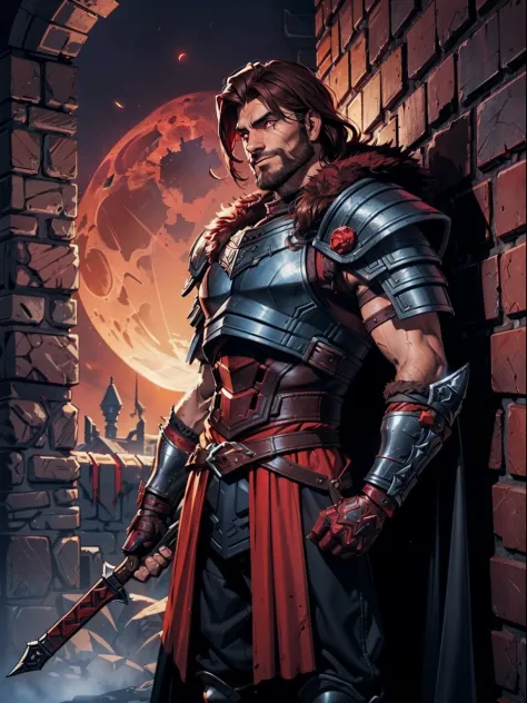 Dark night blood moon background, Darkest Dungeon style, standing by the wall. Todd Smith as Ares from Xena, athlete, handsome, ...