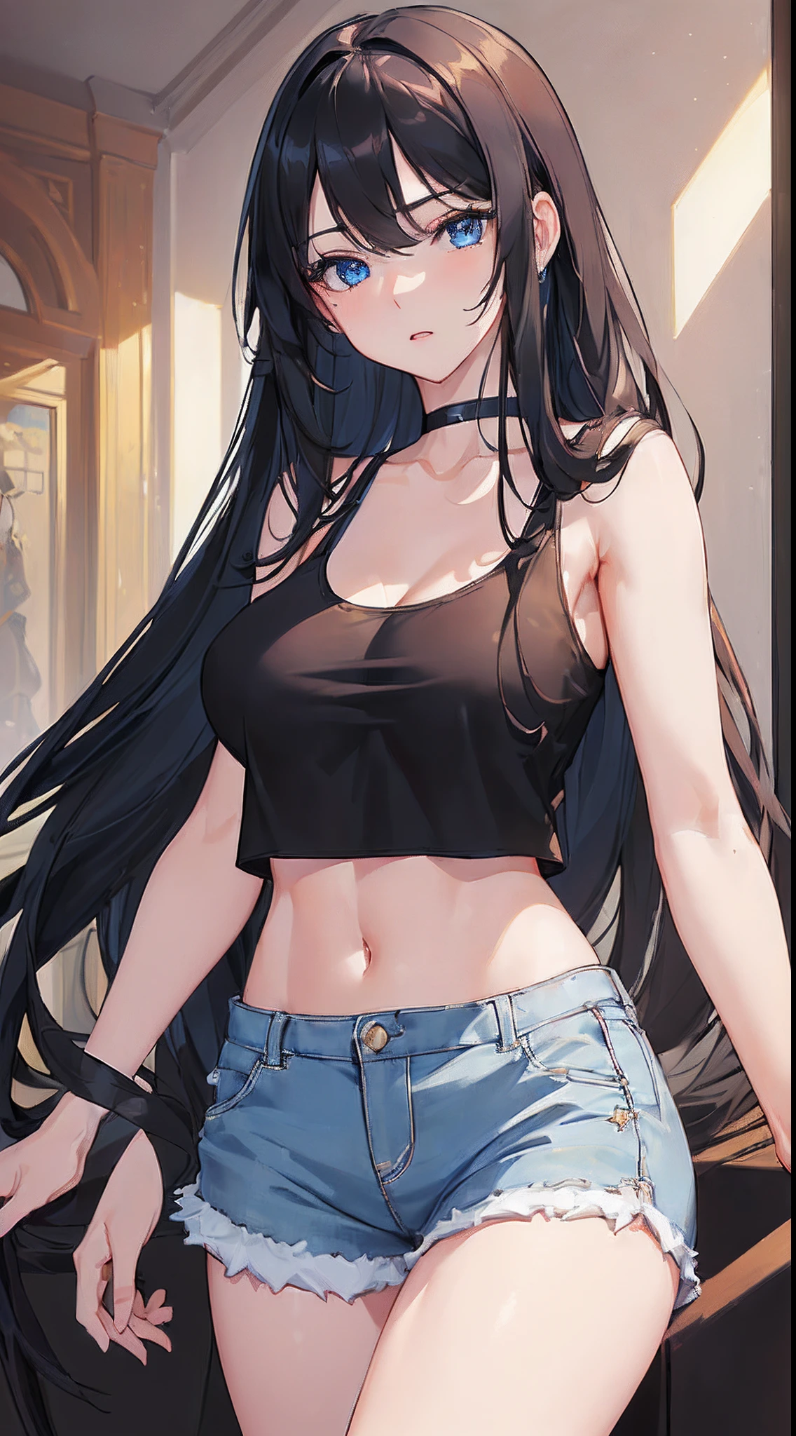 Anime girl with long black hair and blue eyes in a black top - SeaArt AI