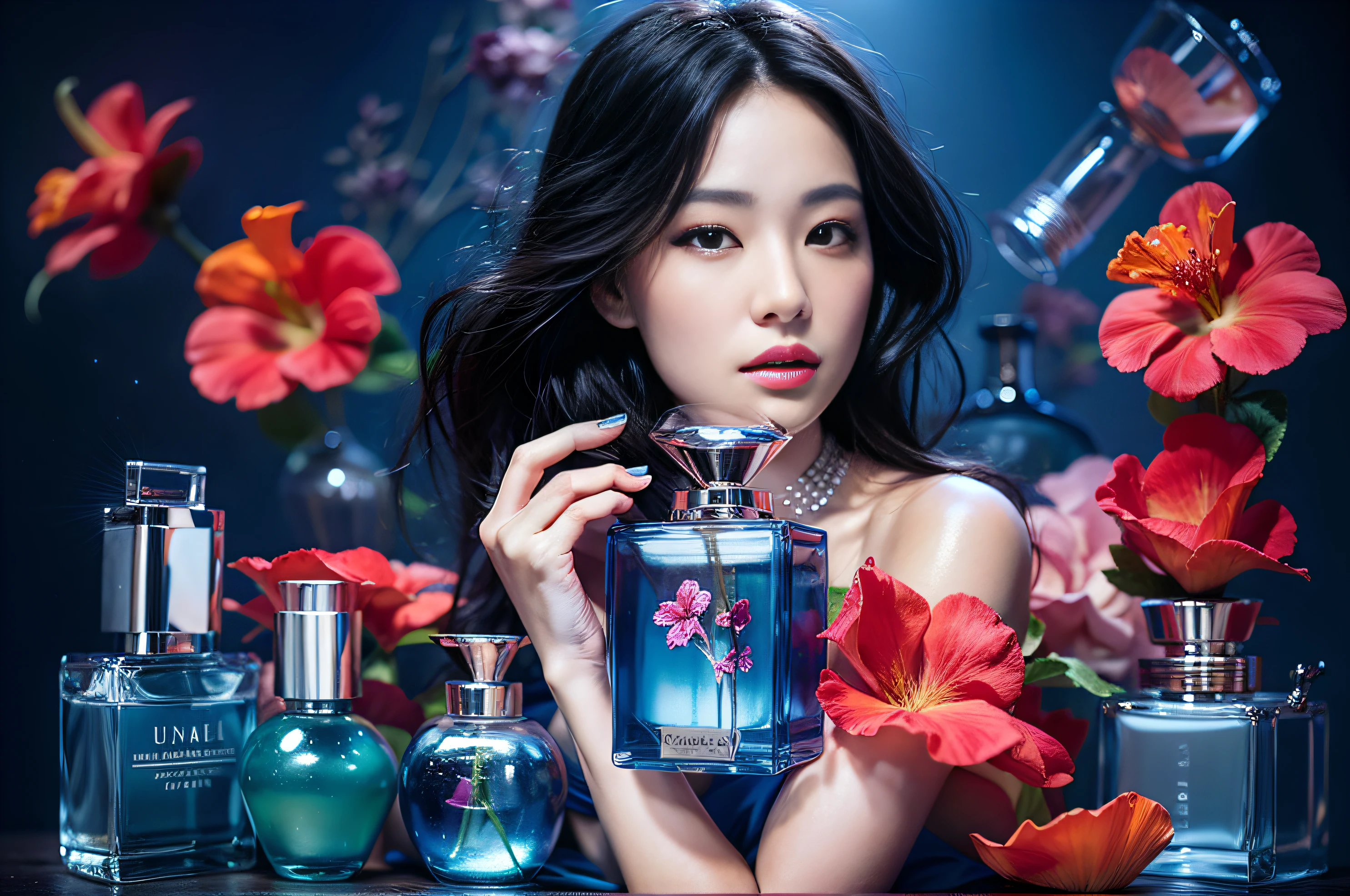 (obra maestra), (detalle intrincado), (Fotorrealista:1.3), 1 lindo modelo japonés, Elegante modelo publicitario de revista para cosméticos, Posar con cosméticos, Material de cristal (botellas de perfume), hibisco, universo, Tema azul marino, Fondo negro, studio_luz,