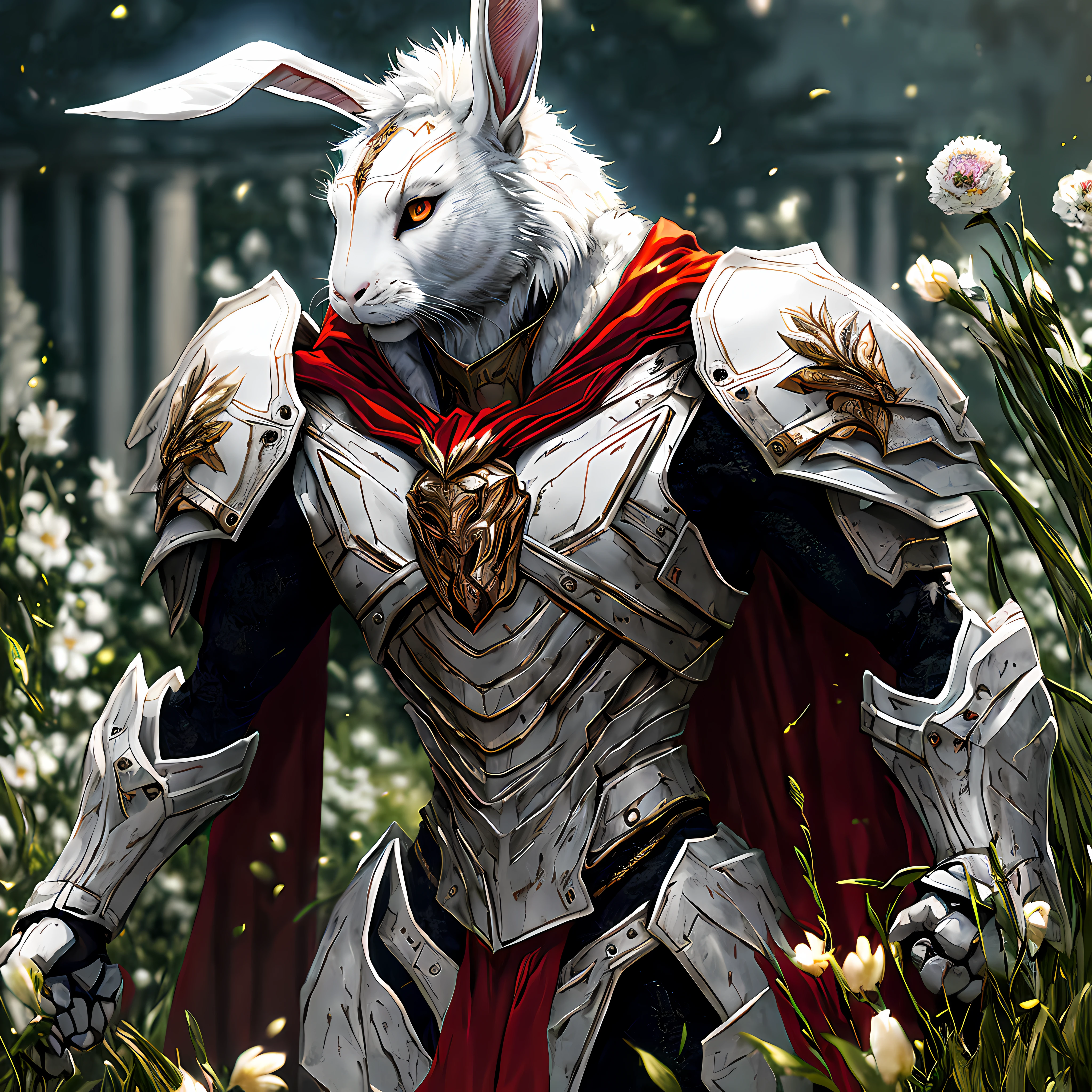 Masterpiece, best quality, chivalrous style, a fierce little white rabbit, long big ears, thin and tall, delicate red cape, black armor, complex design, grass, flowers, movie lighting, self-contained light, 4k, cinematic sense, divine beast visual sense