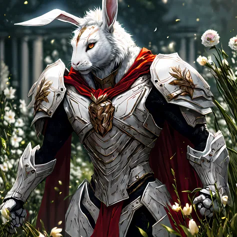 Masterpiece, best quality, chivalrous style, a fierce little white rabbit, long big ears, thin and tall, delicate red cape, blac...