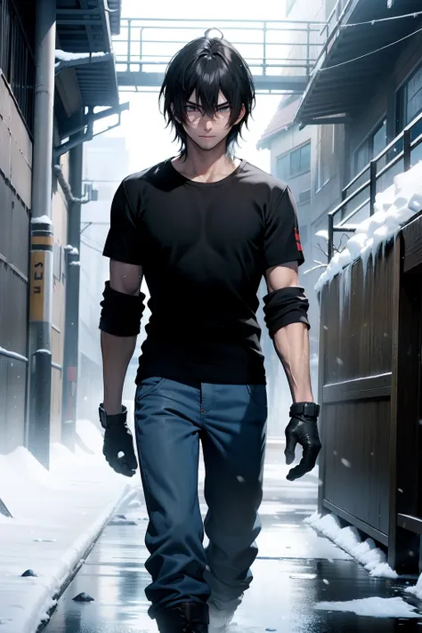 young boy, black hair, on the snow, wearing one black t-shirt, and blue pants, surviving in the frozen, 4k