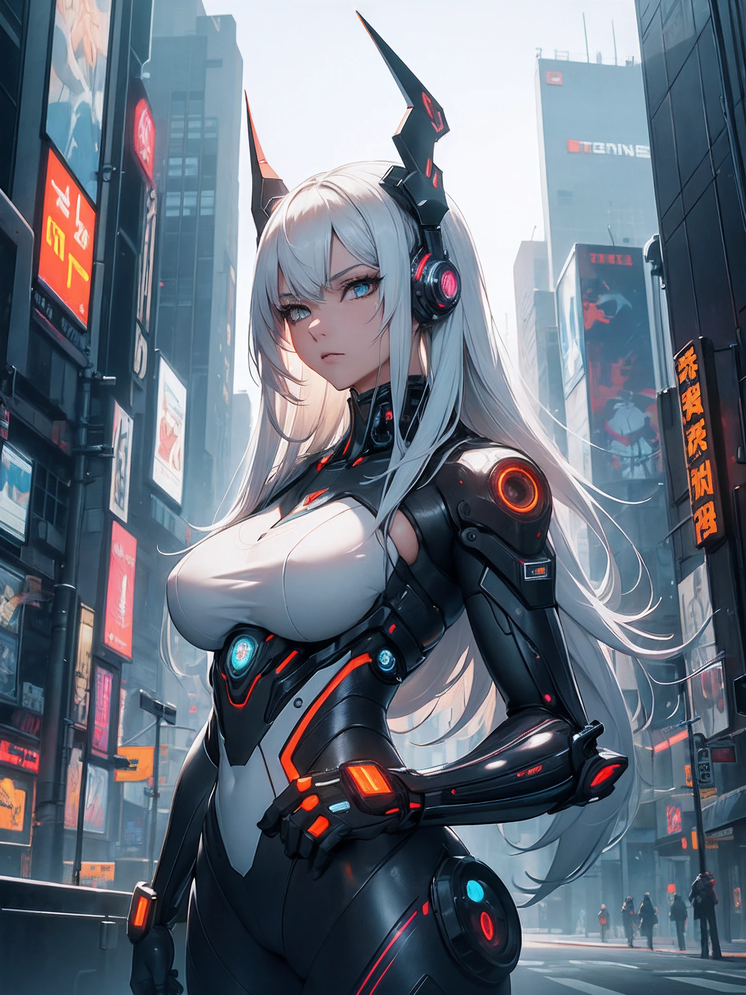 1girl, a beautiful girl cyborg cyberpunk with a cyberpunk city tall buildings, white hair, white and orange and black machine suit color combination, the body full of machine, realistic futuristic hologram, asian skin tone, beautiful eye, beautiful asian face, cyber ear machine, suits is solid mecha, realistic machine, sci fi scape, manipulation is a masterpiece, long hair, masterpiece, suit of cyberpunk, realistic sci fi building texture mecha aestethic, digital cyberpunk, looming over a city, cyber technology, realistic hair, lots of hair, white of hair, realistic metal solid texture of building, realistic neon glow, realistic neon sign, wonderful side lighting, realistic futuristic cyberpunk building, realistic girl robot cyberpunk, fog, foogy, masterpiece of detail, RAW IMAGE, depth of field, point of interes, depth of field is masterpiece, best photography composition masterpiece, natural realistic hair, rule of third masterpiece photography, natural lighting, photography masterpiece natural lighting from side, realistic skin texture, strong reflection, ( pose pinterest) masterpiece beautiful, Devil Horns, smooth pixel, ray of light, soft light