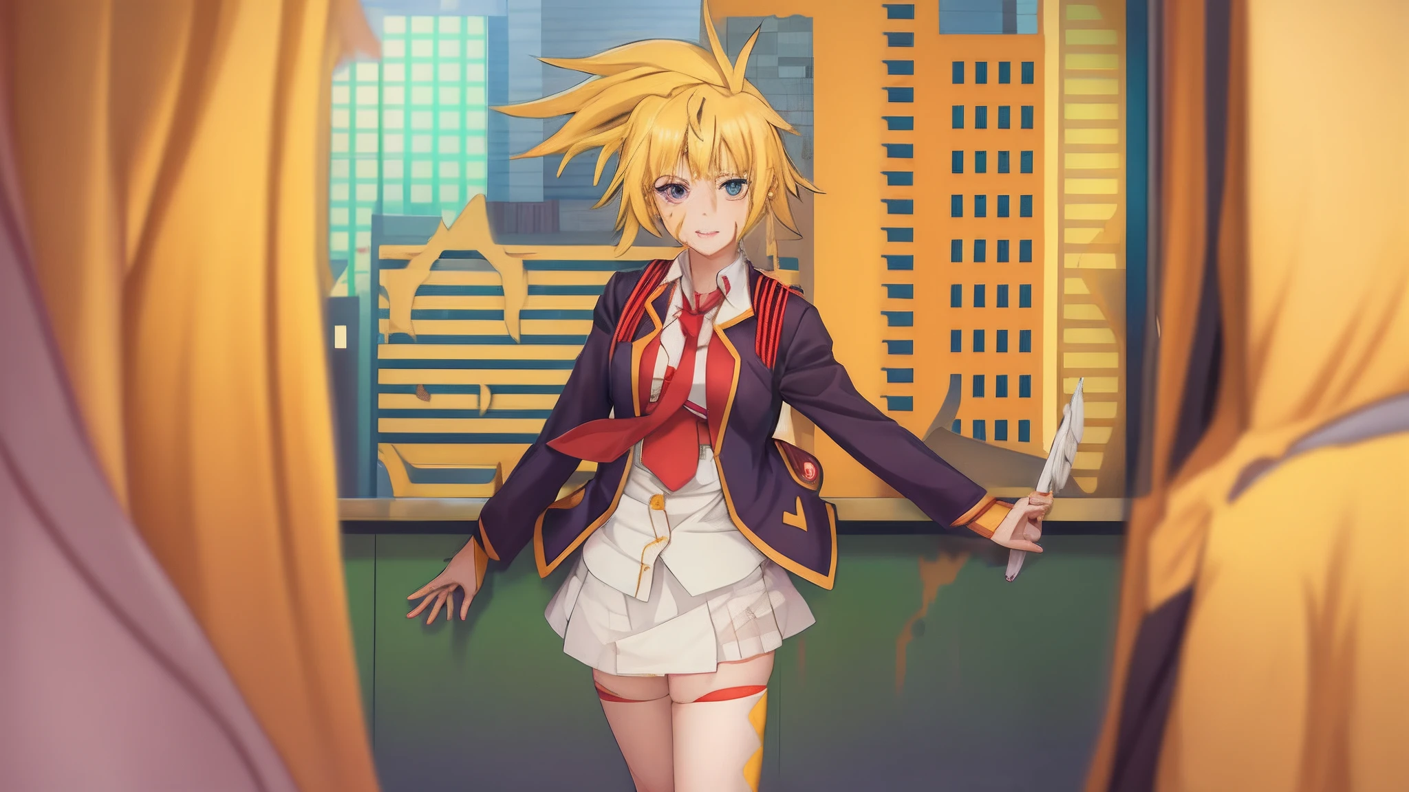 Anime girl in uniform holding a knife in front of a window - SeaArt AI