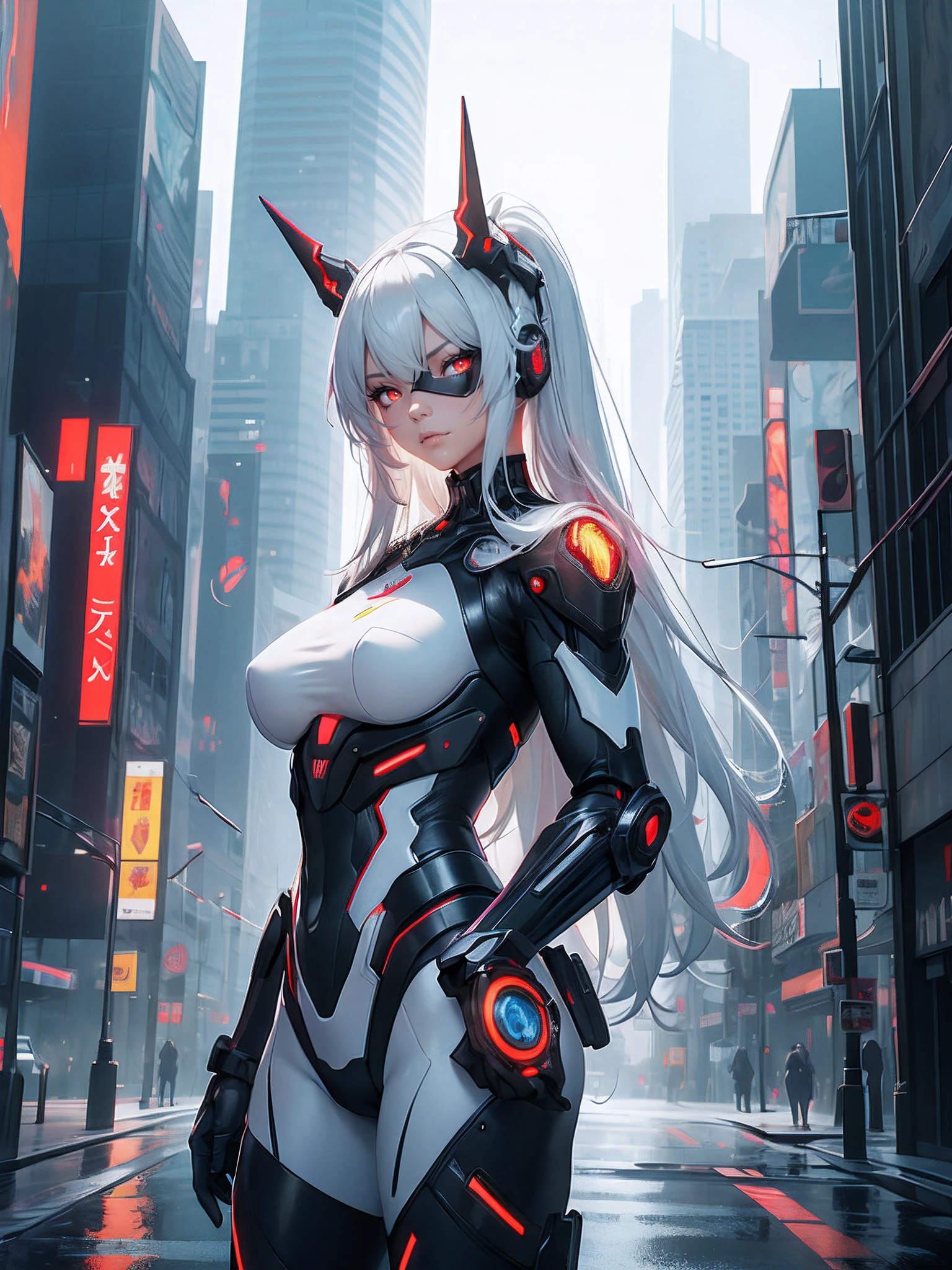 1girl, a beautiful girl cyborg cyberpunk with a cyberpunk city tall buildings, white hair, white and orange and black machine suit color combination, the body full of machine, realistic futuristic hologram, asian skin tone, beautiful eye, beautiful asian face, cyber ear machine, suits is solid mecha, realistic machine, sci fi scape, manipulation is a masterpiece, long hair, masterpiece, suit of cyberpunk, realistic sci fi building texture mecha aestethic, digital cyberpunk, looming over a city, cyber technology, realistic hair, lots of hair, white of hair, realistic metal solid texture of building, realistic neon glow, realistic neon sign, wonderful side lighting, realistic futuristic cyberpunk building, realistic girl robot cyberpunk, fog, foogy, masterpiece of detail, RAW IMAGE, depth of field, point of interes, depth of field is masterpiece, best photography composition masterpiece, natural realistic hair, rule of third masterpiece photography, natural lighting, photography masterpiece natural lighting from side, realistic skin texture, strong reflection, ( pose pinterest) masterpiece beautiful, Devil Horns, smooth pixel, ray of light, soft light, small breasts, mastepiece of cyber mask, masterpiece fantasy gun, carry a fantasy weapon