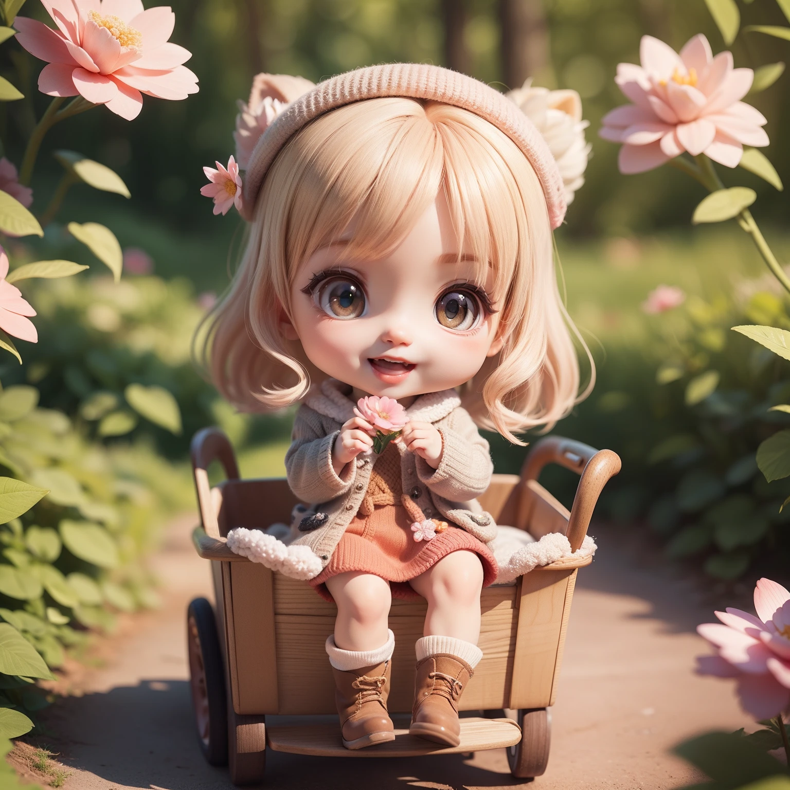 There is a doll sitting in a wagon with flowers in the background ...