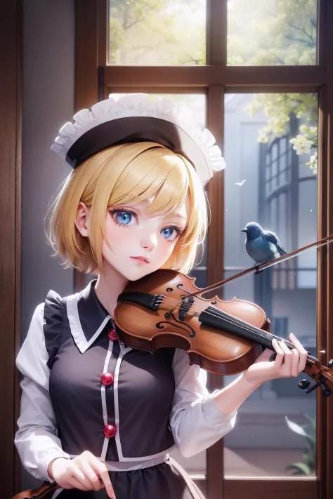 Luna Saprism River playing violin, masutepiece, Fine detail, 4K, 8K, 12K, Solo, One Person, Beautiful Girl, caucasian female, Moonsa Plasma, a blond、short-hair、Hats、A lot of birds are flying, Ruined Western House, Indoors, spring, Music room